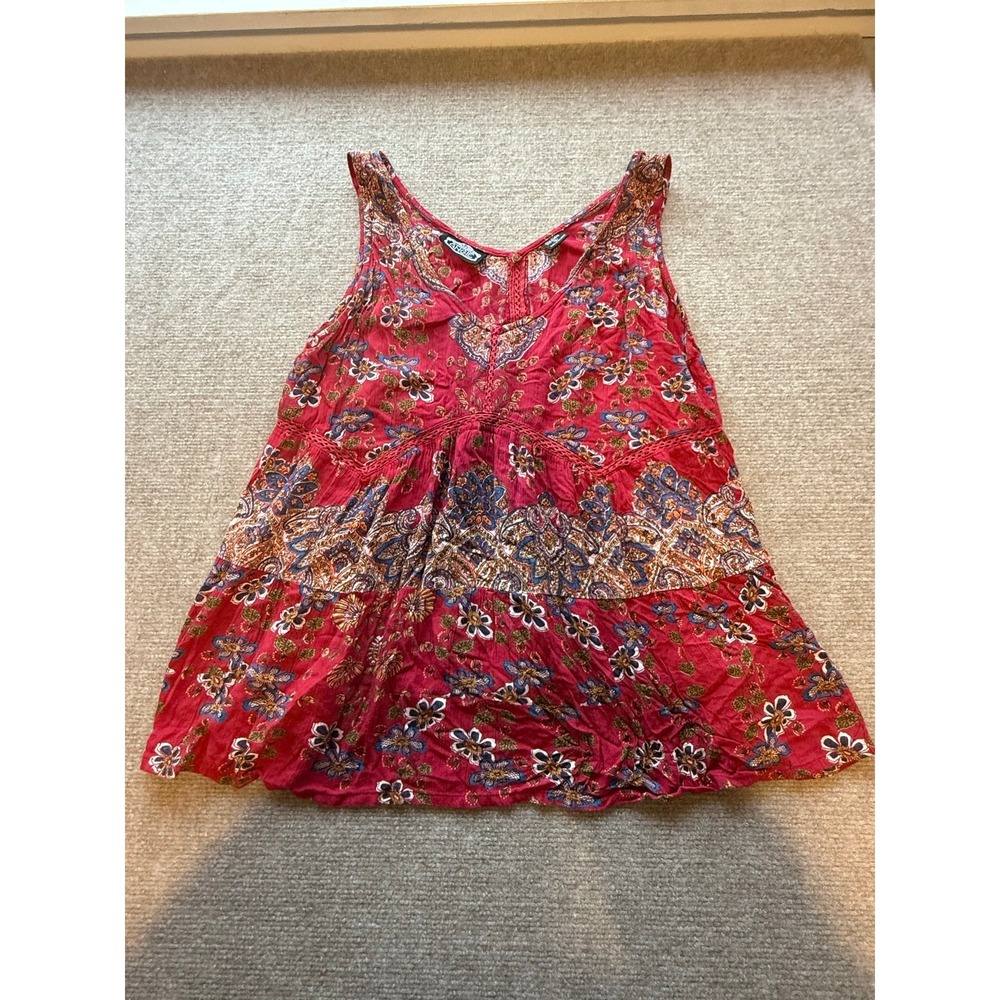 Angie Floral Paisley Boho Tiered Tank Top Women Small Red Crochet Lace V-Neck - Picture 3 of 8